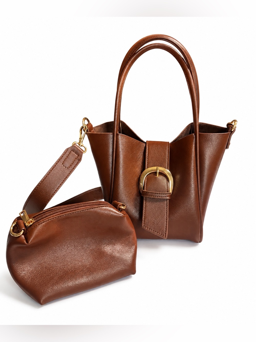 Anthropologie Brown Cognac Buckle Tote Crossbody Bag + Pouch